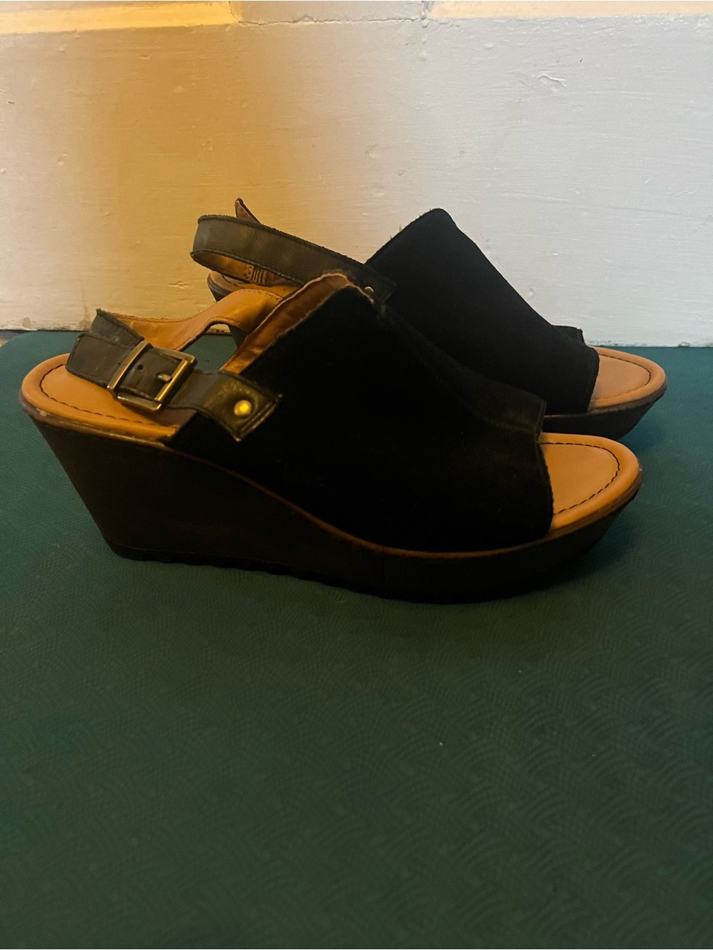 b.o.c. Black Suede Wedge Slingback Sandals